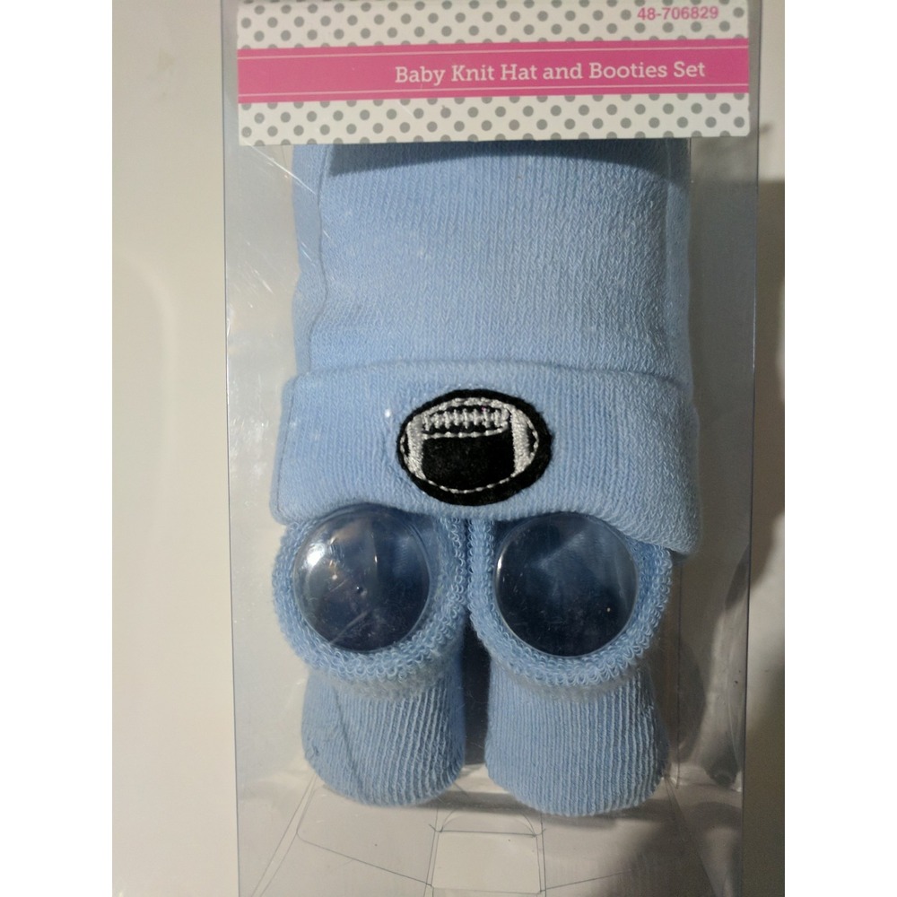 baby boy blue knit hat football and bootie set boxed gift 0-9 months shower gift